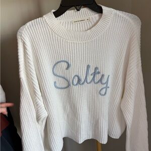 moon & madison White Knit Crewneck Sweater with Light Blue 'Salty' Script